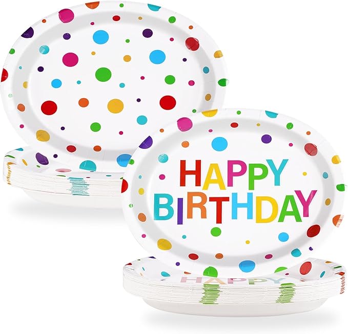 50Pcs Happy Birthday Oval Paper Plates 10" x 12" Large Disposable 400GSM Heavy Duty Rainbow Colorful Dots Platters Plates Happy Birthday Party Decorations for BBQ Picnic Baby Shower Party Supplies