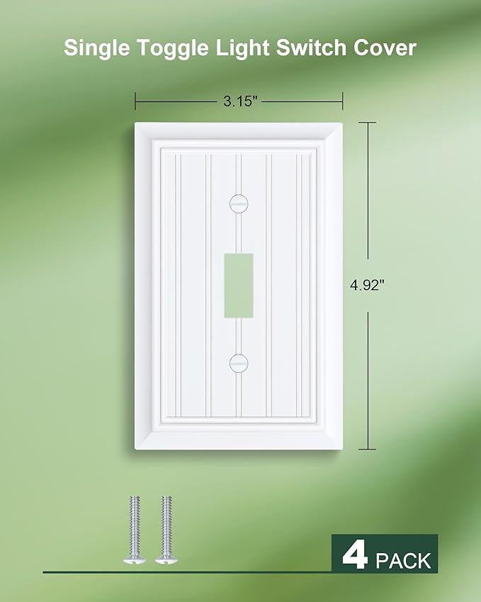 4-Pack Classic Beadboard Single Toggle Light Switch Cover Plate, Durable Natural Bamboo Fiber Decorative Switch Plate Covers, Pure White 1 Gang Wall Plate