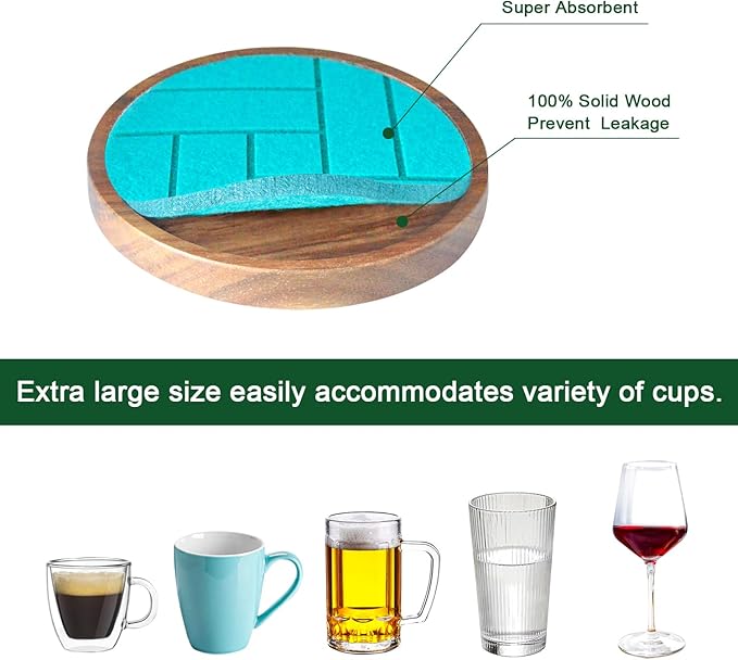 Coasters for Drinks Absorbent 5 Pack, Wood Coasters with Felt Pads, Drink Coasters for Coffee Tabletop Protection, Non-Slip, Non-Stick, Suit for Kinds of Cups 4.3 inch Colorful