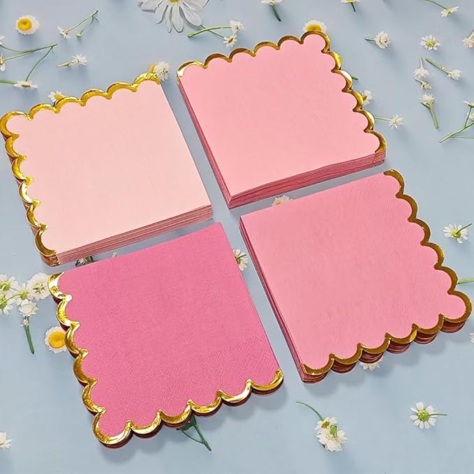 100 pack Pink Mix Cocktail Napkins with Gold Foil Accents Scalloped Edges 5 x 5 inch Beverage Disposable Napkin Party Decoration Wedding Bridal and Baby Shower Dinner Lunch Supplies