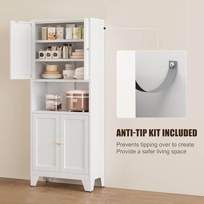Metal Pantry Storage Cabinet, 69" Tall Storoge Cabinet with 4 Doors & 3 Adjustable Shelves, Microwave Stand with Storage for Kitchen, Dining Room, Living Room (1PC,White)