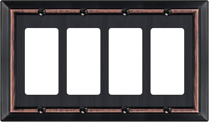 Metal Wall Plate for Electrical Outlets, Decorative Aged Bronze Switch Plates Outlet Cover, Light Switch Cover Plate, 4-Gang Wall Plates (Quad Decorator, 1 Pack)
