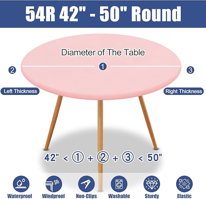 Round Spandex Valentines Day Tablecloth, Elastic Fitted Waterproof Tablecloths for 42"-50" Tables, Stretch Washable Picnic Table Cover for Camping, Dining, Indoor and Outdoor, Pink