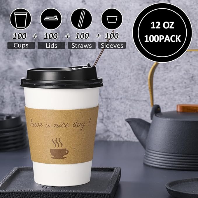 500 pack 12 oz Disposable Coffee Cups with Lids,To Go Coffee Cups for Home, Office, Cafes and Party (White 12oz)