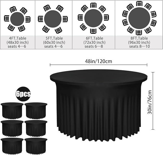 6 Pack 48" Diameter x 30" Height Black Table Skirt | Fits 4FT Round Tables | Polyester Spandex Cloths With Skirt | Stain, Wrinkle Resistant for Wedding, Party, Dining, Banquet