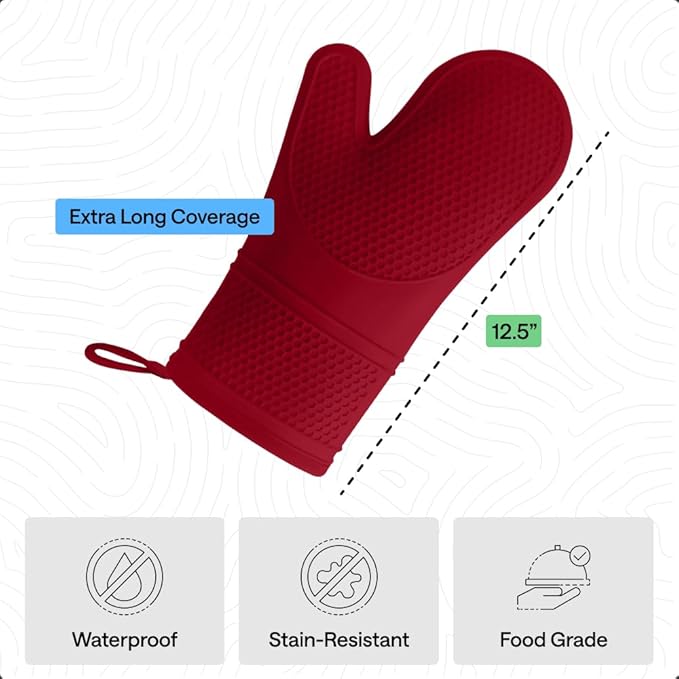 GORILLA GRIP BPA-Free Soft Silicone Oven Mitts, Heat Resistant and Waterproof Cooking Gloves, Thick Cotton Lining, Flexible Gripping Kitchen Potholders Set of 2, Christmas Kitchen Decor, 12.5x8.3, Red