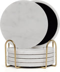 Carrara White Marble Coasters Set of 6 with Holder, Elegant Modern Round White Marble Drink Coasters for Coffee Table Decor, Semi Absorbent Stone Coaster for Drinks, Velvet Backed
