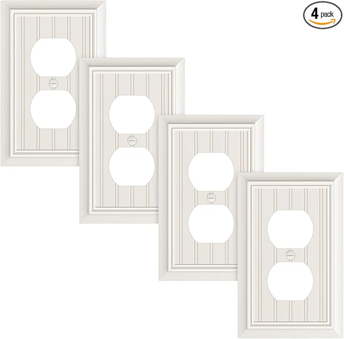 4-Pack Classic Beadboard Duplex Outlet Cover Plate, Decorative Light Almond Switch Plates and Outlet Covers, Natural Bamboo Fiber Wall Plates for Electrical Outlets, 1 Gang Receptacle Cover
