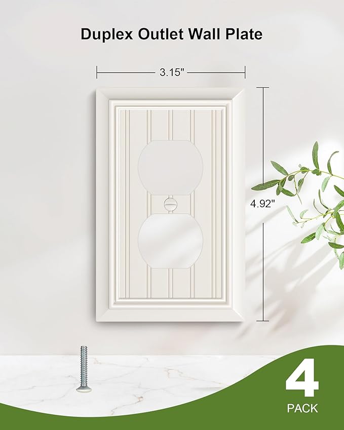 4-Pack Classic Beadboard Duplex Outlet Cover Plate, Decorative Light Almond Switch Plates and Outlet Covers, Natural Bamboo Fiber Wall Plates for Electrical Outlets, 1 Gang Receptacle Cover