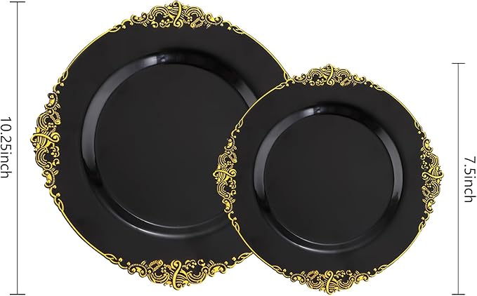 102PCS Black and Gold Plastic Plates - Black Disposable Plates - Heavyweight Disposable Plate with Gold Rim - Fancy Dinner & Dessert Plate for 51 Guests Weddings & Party
