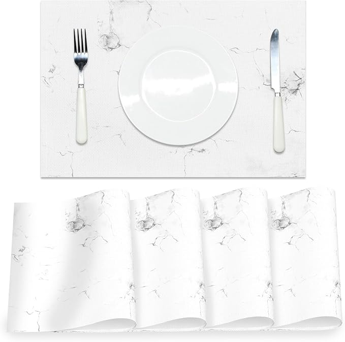 Marble Printed Placemats Set of 4 White Grey Elegant Marbling Place Mats Washable Rectangular Table Mats for Party Home Kitchen Restaurant Dining Table Decor 12x18 Inch