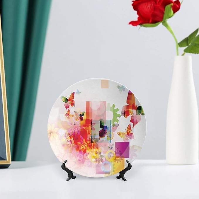 Decorative Plates, Abstract Print Ornament, Natural Design Flowers Leaves Squares Rounds, 6 Inch, Kitchen Wall Decor, Multicolor