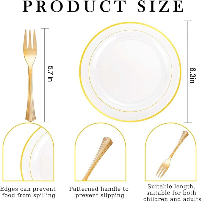 DaYammi 240Pcs Dessert Plates Include 120Pcs Gold Cake Plates 6.3inch with 120Pcs Gold Plastic Forks 5.7inch,Clear gold plates Disposable Salad Plate for Party Appetizer Plate for Wedding Birthday
