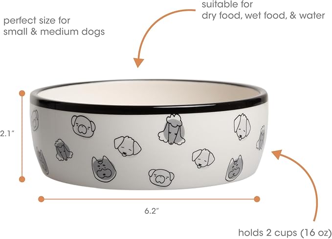 Pearhead Ceramic Dog Faces Dog Bowl, Holds 2 Cups, Stoneware Food and Water Dish for Dogs up to 20 lbs, Heavy Non-Slip Base, Small/Medium