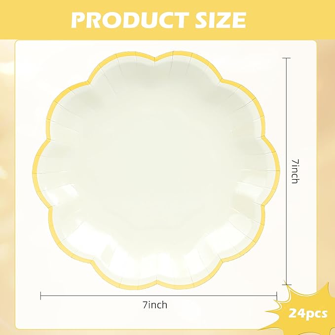 24 Pcs Beige Party Plates Cream Dessert Paper Plates 7inch Gold Foil Scalloped Edge Disposable Cake Plates for Birthday Bridal Baby Shower Wedding Party Supplies