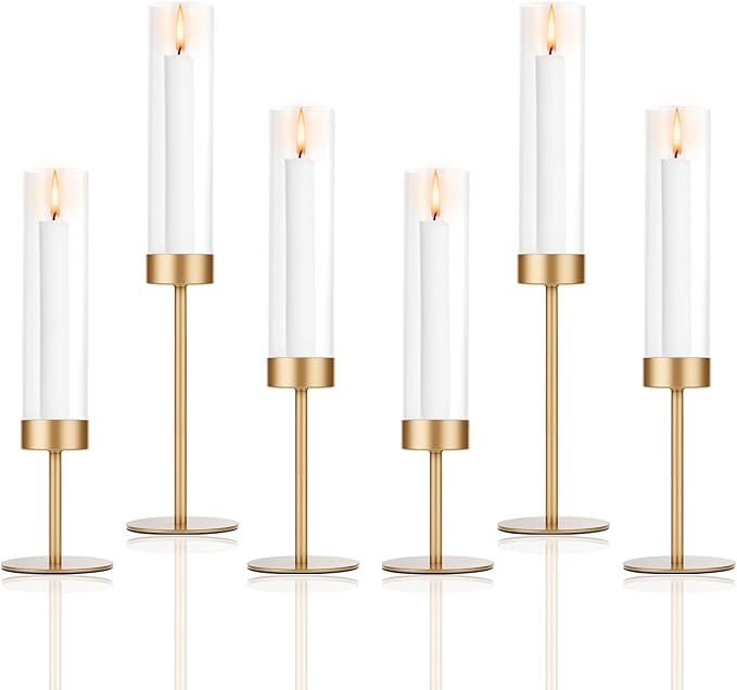 Set of 6 Gold Candle Holders, Tall Hurricane Candlestick Holders with Glass for Taper and Pillar Candles, Home Decor for Wedding, Christmas, Party, Anniversary, Dining Table