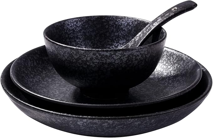 4-Piece Ceramic Dinnerware Set, Plate, Dish, Bowl, Spoon, Japanese Hand-painted Tableware set, A Good Tableware (Black)