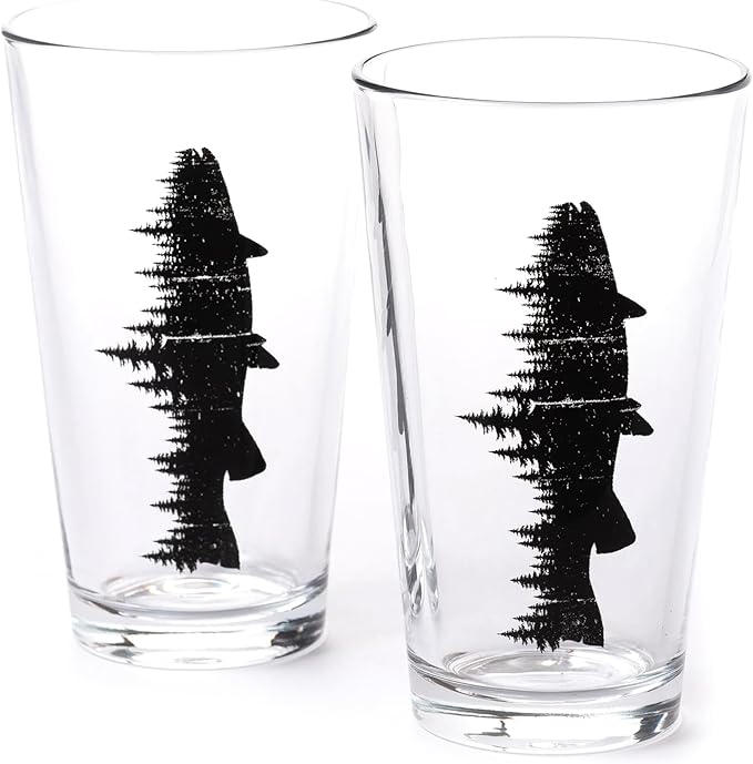 Pint Glasses with Fish and Forest Screen Print - 16 oz. Beer Glasses for Craft Beer - Fishing Gifts and Glasses for Fisherman - Trout and Forest