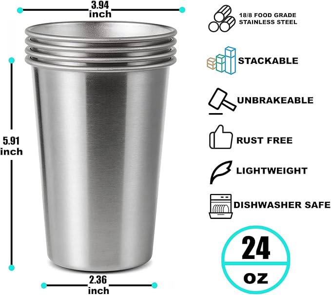 8 Pack 24oz Stainless Steel Pint Cup,Healthy Unbreakable and Stackable,Metal Drinking Glasses
