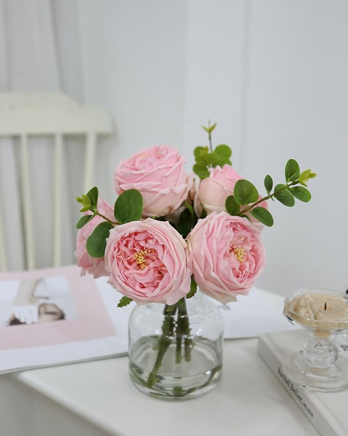 Artificial Flowers with Pink Roses in Vase, Lifelike Fake Flowers in Vase, Faux Flower Arrangements for Dining Table Centerpiece Decor, Table Centerpieces for Dining Room