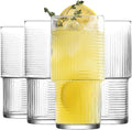 LAV Vintage Soft Drink Glass Set of 4-17.4 oz Ribbed Highball, Iced Tea, Iced Coffee, Water, Milk, Mocktails, Cold Brew, Durable, Lead-Free, Eco-Friendly Glassware, Home, Bar - Aesthetic, Elegant