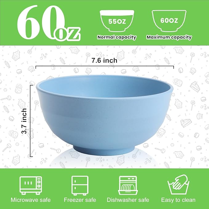 Large Serving Bowls Set of 6, 60 OZ Wheat Straw Bowls Unbreakable, Microwave Safe & Dishwasher Safe, Perfect for Parties, Salads, Noddles, Cereal, Soup, Family Gatherings, Colorful