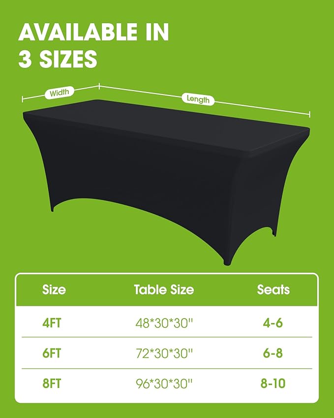 Pureegg Spandex Tablecloth 6ft - 12 Pack, Fitted and Tight Cloth for Rectangle Table, Wrinkle-Free and Stretch Table Cover for Party, Wedding, Banquet and Birthday, Black