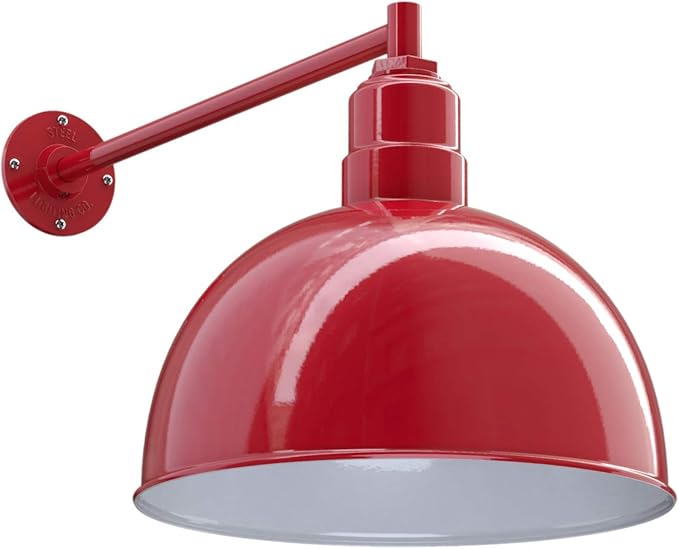 Steel Lighting Co. Hollywood Bowl Light | Outdoor Wall Mounted | 15 inch Bowl Dome | 20 inch Straight Arm | Barn Light Made in America | Red Exterior/White Interior