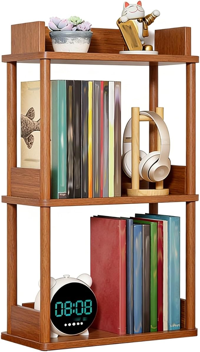 Desktop Organizer Shelf, Multi Tier Wood Tabletop Bookshelf, Space Saving Countertop Storage Rack for Office, Bedroom, Living Room(Light Walnut,19.6 * 7.8 * 26.7in)