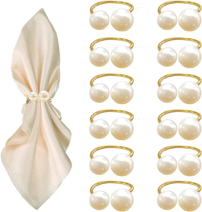 12 Pcs Gold Napkin Rings - Pearl Napkin Rings,Metal Napkin Ring for Table Settings Wedding Christmas Party Dinner Table