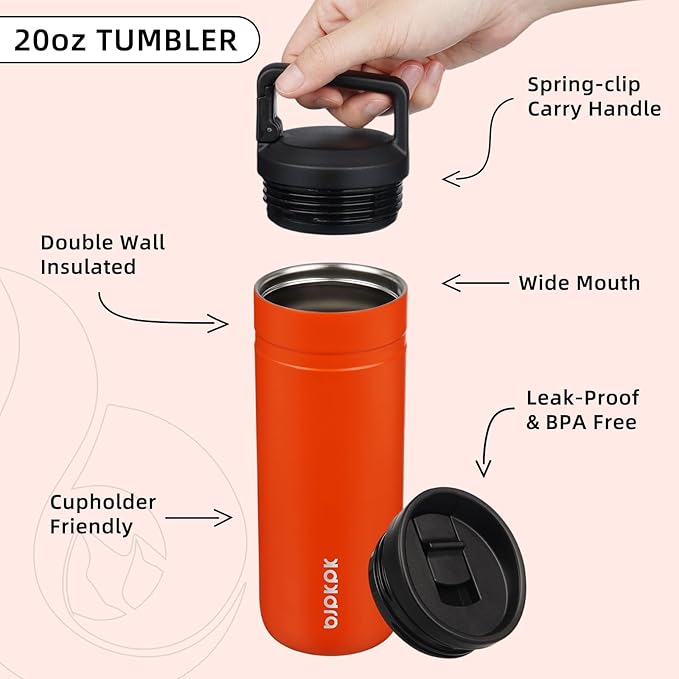BJPKPK Insulated Water Bottle with 2 Lids,20 oz Double Wall Stainless Steel Vacuum Tumbler Travel Coffee Mug,Wide Mouth Thermal Cup,Orange