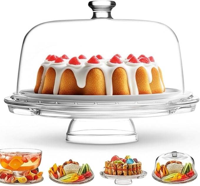 Royalty Art Cake Stand with Dome, 6-in-1 Multifunctional Glass Serving Platter for Cakes, Desserts, Fruits, Snacks, Pastries, Appetizers - Elegant Pedestal Display, Durable Italian-Made Glass - Made in Italy