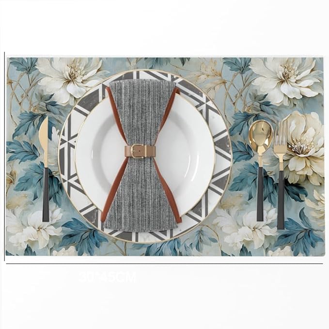 12"x18" Vintage White/Blue/Green Peony Florals Placemats Set of 4 Washable Thick Place Mats Kitchen Table Mats Decorative Linen Fabric Table Mat for Dining Table Kitchen Home Decor