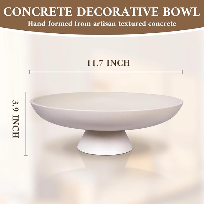 MAONAME Concrete Decorative Bowl, Large Fruit Bowl for Kitchen Countertop, White Pedestal Bowls for Home Decor, Handcrafted Key Bowls for Entry Table, 11.7"