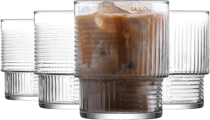 LAV Vintage Soft Drink Glass Set of 4 – 10.9 oz Ribbed Tumblers, Iced Tea, Iced Coffee, Water, Milk, Mocktails, Cold Brew, Durable, Lead-Free, Eco-Friendly Glassware, Home, Bar - Aesthetic, Elegant