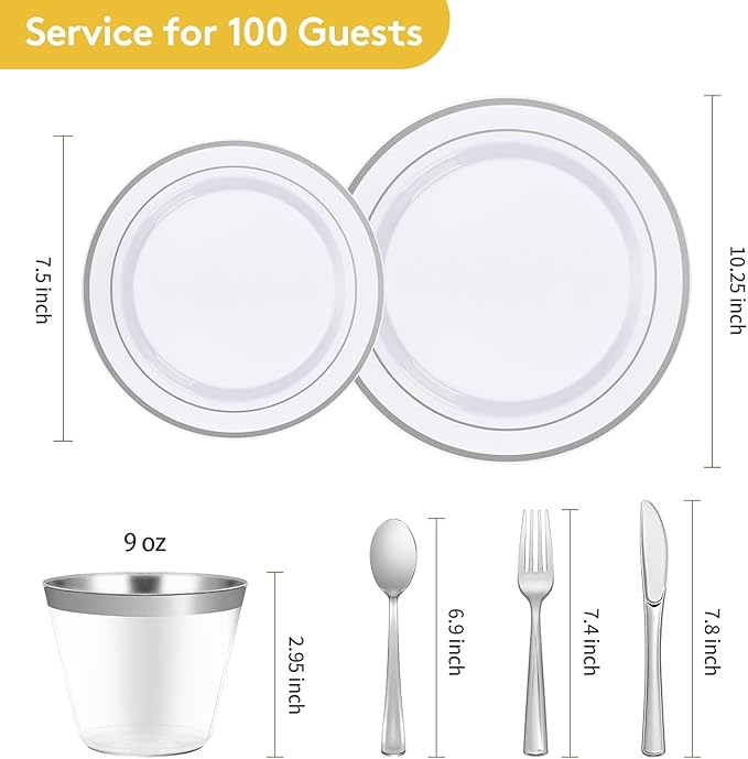 Goodluck 420Pieces silver Disposable Plates for 70 Guests, Plastic Plates for Party, Dinnerware Set of 70 Dinner and 70 Dessert Plates, 70 Spoons, 70 Forks, 70 Knives, 70 Cups