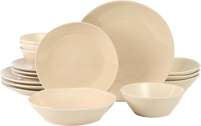Bloomhouse - Two Time Oprah's Favorite Things Winner - Montecito Breeze 16 Piece (Service for 4) Double Plates and Bowls Stoneware Reactive Glaze Dinnerware Set - Marble Dawn Cream