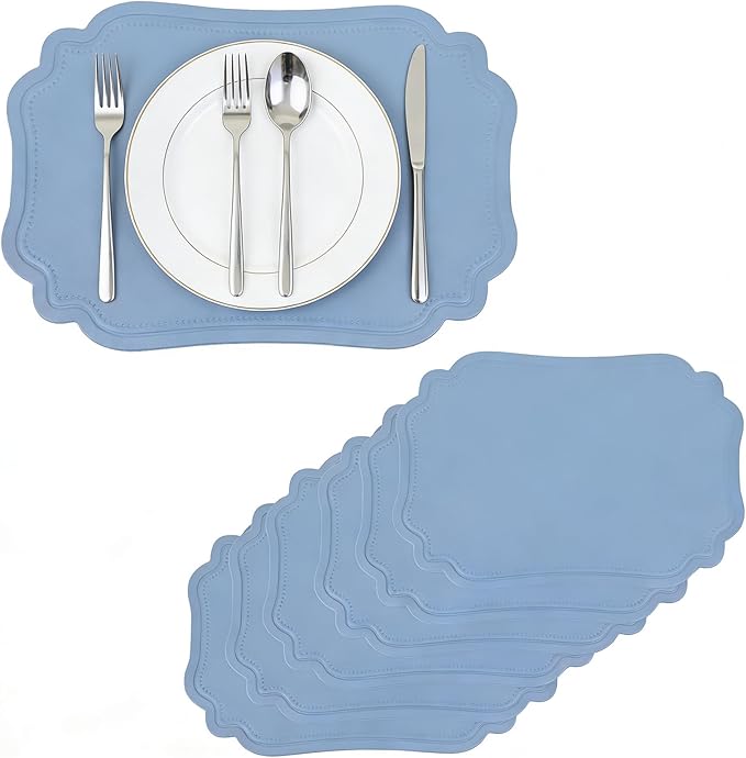Faux Leather Placemats Set of 6 Waterproof,Blue PU Leather Placemat for Dining Table,Wipeable Eco-Friendly Kitchen Table Mats Heat Resistant Anti Slip Washable,Modern Table Protectors