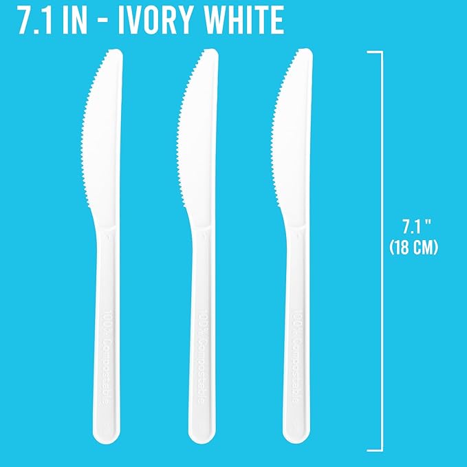 250 Count Compostable Disposable Non Plastic Knives, Large Heavy Duty Biodegradable Utensils, Eco Friendly Durable Sturdy Recyclable Knives Flatware Silverware for Party Wedding Daily Use