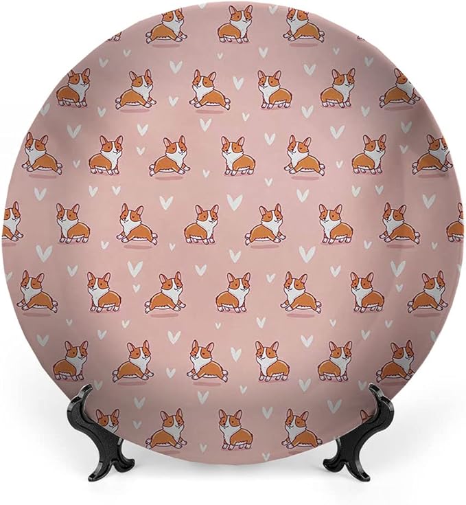 Ceramic Display Plate, Dog Lover Ceramic Hanging Decorative Plate, Cute Little Corgi Jumping Running and Standing, 10 Inch, Living Room Kitchen Decoration Household, Coral Orange White