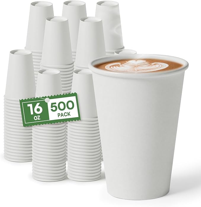 White Paper Cups 16 oz Disposable Coffee Cups, 500 Pack BPA Free Leak Proof Hot Cups,300GSM Thickened Disposable Cups,Unbleached Hot Cold Drink Cups for Everyday Home Office Coffee Bar Party Supplies
