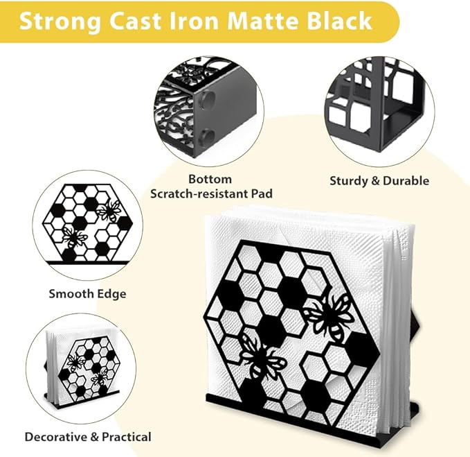 Honeycomb Bee Decorative Black Metal Napkin Holder for Table, 5.3" x 4.7" x 2" Insect Animal Standing Napkin Holder for Home Kitchen Restaurant Picnic Party Coffee Bar Dining Room