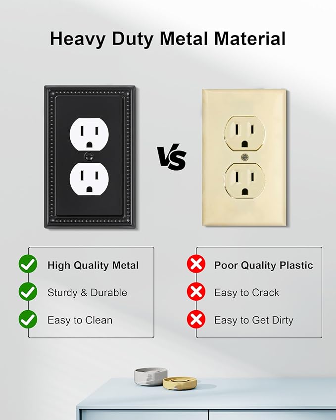 6-Pack Duplex Outlet Cover, Black Metal Wall Plates for Electrical Outlets, 1 Gang Receptacle Light Switch Cover, Pearls Beaded Decorative Switch Plates and Outlet Covers