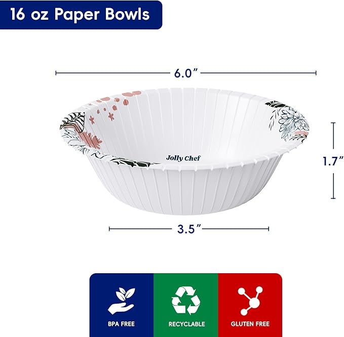 JOLLY CHEF 16 OZ Disposable Paper Bowls with Floral Print 156 Count Heavy-duty Bowls Bulk Perfect for Parties,Picnics,and Everyday Use