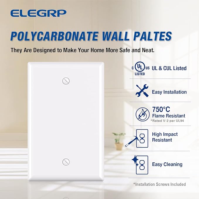 ELEGRP 1-Gang Blank Device Wall Plates, Mid-Size 4.88" H x 3.13" L Unbreakable Thermoplastic Blank Faceplate Cover for Unused Outlets/Switches, UL Listed (10 Pack, Glossy White)