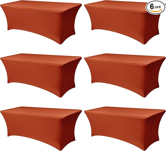 Spandex Table Cloths for 8 Foot Rectangle Tables-6 Pack Rust Fall Thanksgiving Fitted Stretch Table Covers-Elastic Tablecloth for Party, Vendor Booth Display, Banquet Event, Craft Trade Show
