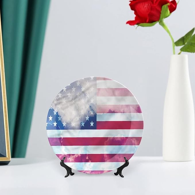 Ceramic Display Plate, American Flag Ceramic Hanging Decorative Plate, Flag Clouds Memorial, 7 Inch, Living Room Kitchen Decoration Household, Multicolor