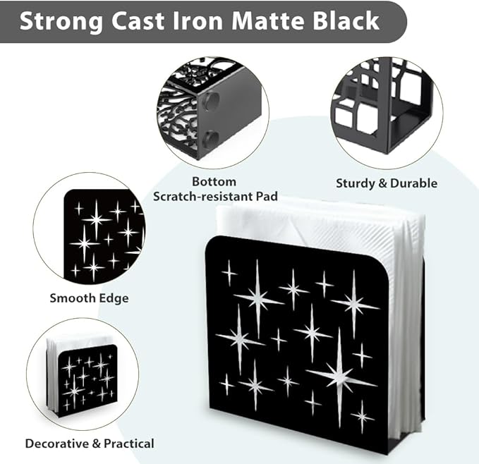 Stars Decorative Black Metal Napkin Holder for Table, 5.3" x 4.9" x 1.9" Geometry Standing Napkin Holder for Home Kitchen Restaurant Picnic Party Coffee Bar Dining Room
