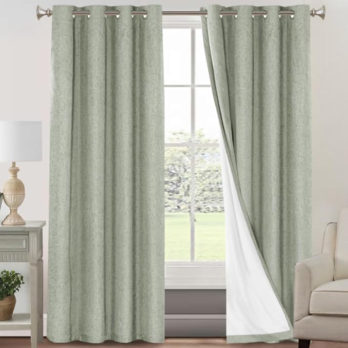 PrinceDeco 100% Blackout Curtains for Bedroom Linen Black Out Curtains for Living Room 90 Inch Long Faux Linen Fabric Grommet Thermal Curtains for Summer Heat with White Liner,52X90 Inch,Sage