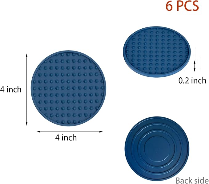 Set of 6 Silicone Coasters, 4'' Drink Coaster with Holder, Round Coasters for Drinks Beer Coffee Home Office Bar Desk Tabletop Protection, Non-Slip Rubber Coaster (Navy Blue, 6 Pcs-Metal Holder)
